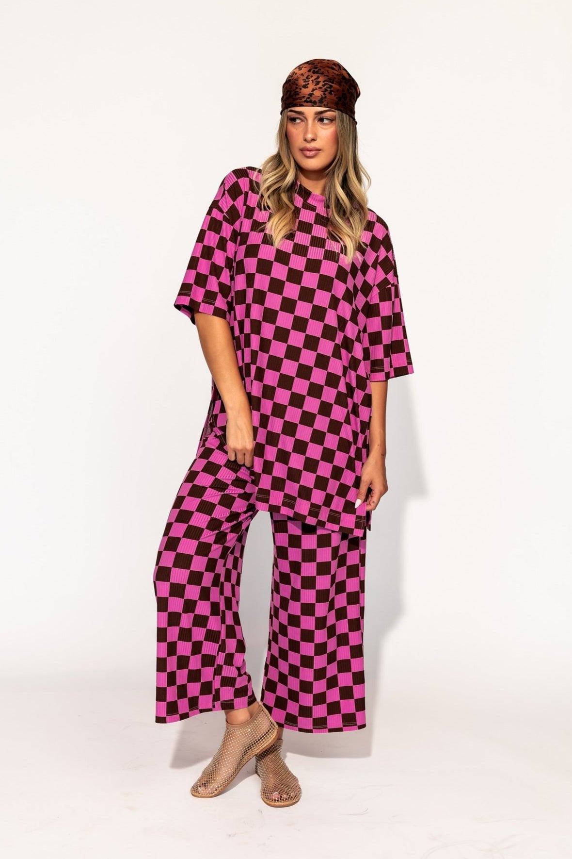 Lex Ribbed Checkerboard Playsuit in Sunset Boulevard - Dressed in Lala