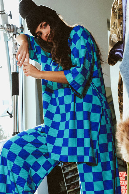 Lex Ribbed Playsuit in Mermeg Blue Checkerboard - Dressed in Lala