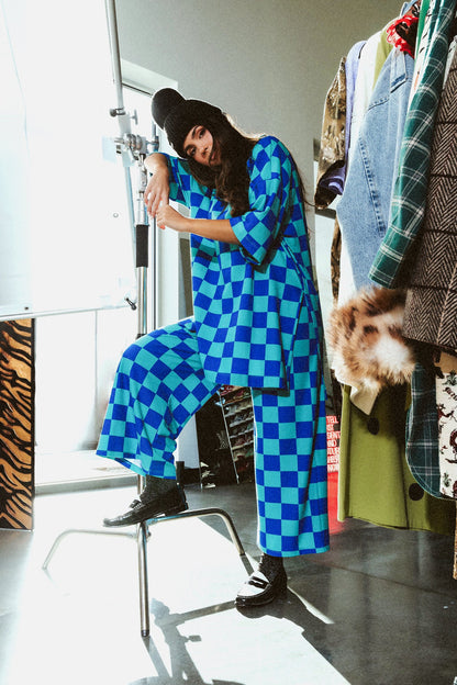 Lex Ribbed Playsuit in Mermeg Blue Checkerboard - Dressed in Lala