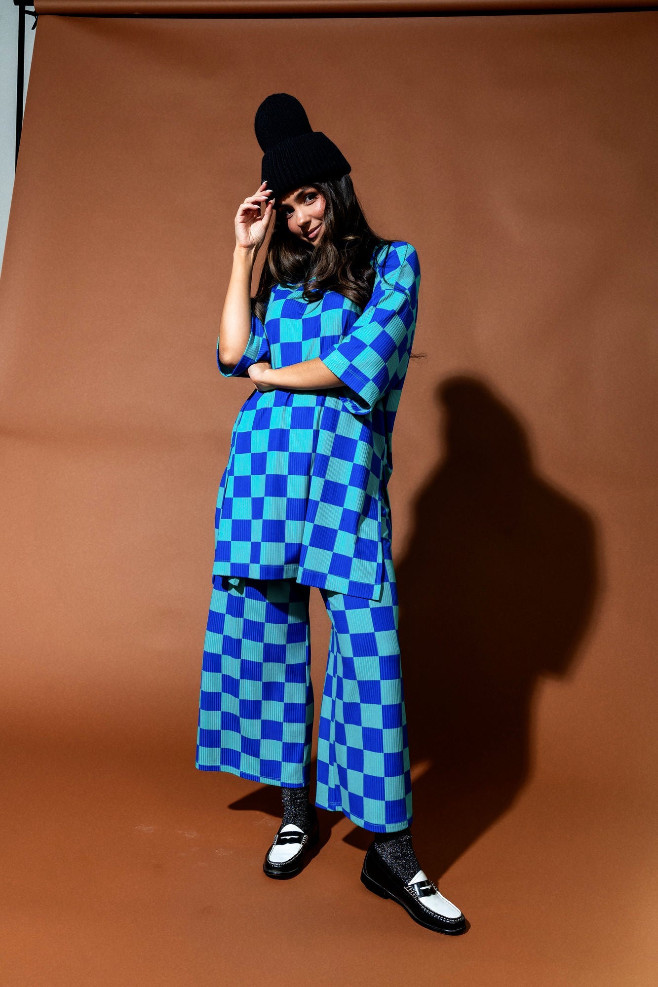 Lex Ribbed Playsuit in Mermeg Blue Checkerboard - Dressed in Lala