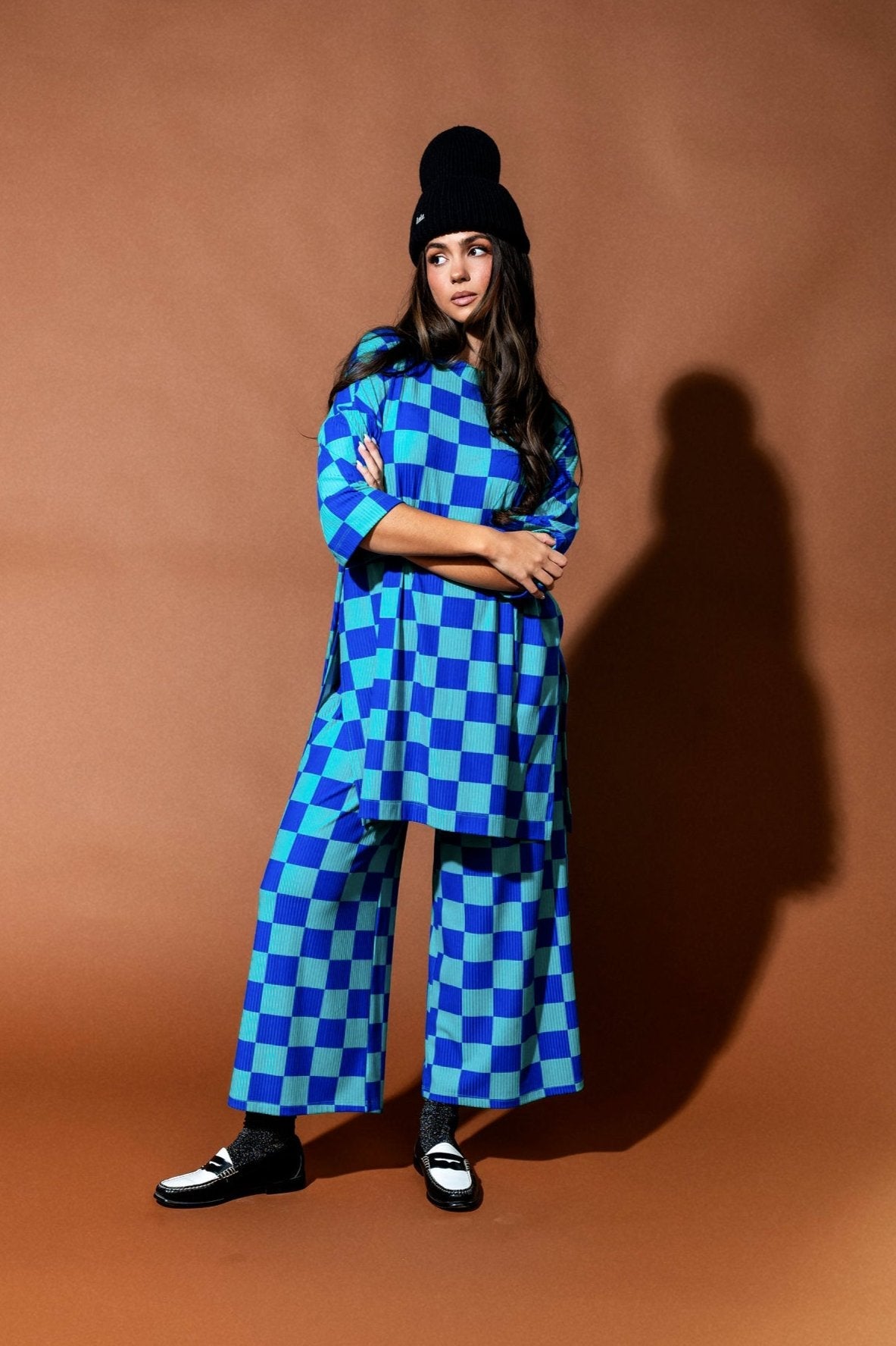 Lex Ribbed Playsuit in Mermeg Blue Checkerboard - Dressed in Lala