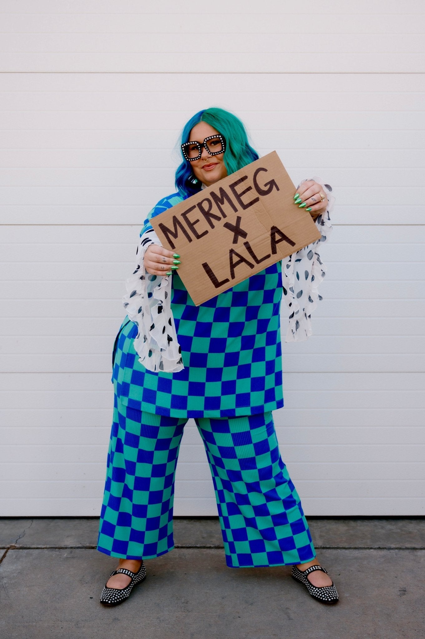 Lex Ribbed Playsuit in Mermeg Blue Checkerboard - Dressed in Lala