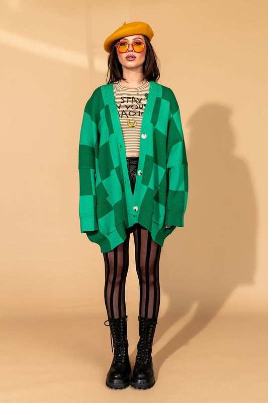 Love You Oversized Checkerboard Cardigan in Green Girl - Dressed in Lala