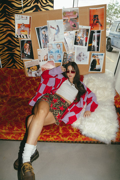 Love You Oversized Checkerboard Cardigan in Red + Lavender - Dressed in Lala