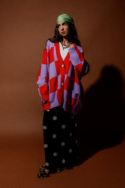 Love You Oversized Checkerboard Cardigan in Red + Lavender - Dressed in Lala