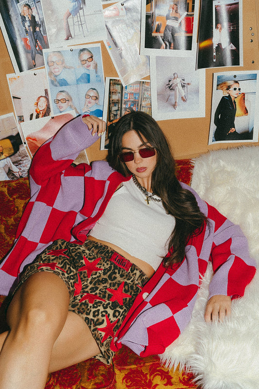 Love You Oversized Checkerboard Cardigan in Red + Lavender - Dressed in Lala
