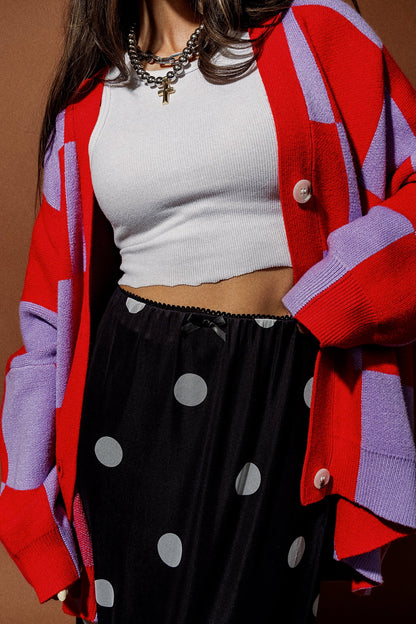 Love You Oversized Checkerboard Cardigan in Red + Lavender - Dressed in Lala