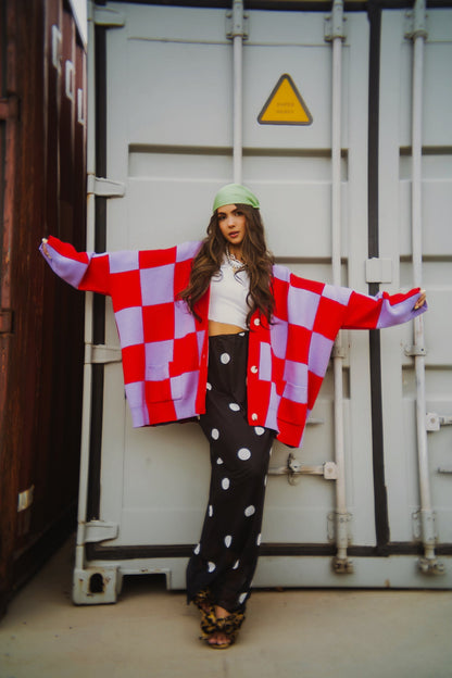Love You Oversized Checkerboard Cardigan in Red + Lavender - Dressed in Lala