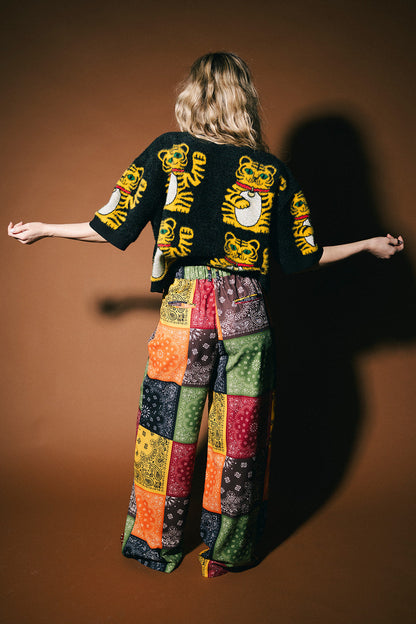 Person wearing a colorful outfit with a patterned jacket and wide-leg pants on a brown background