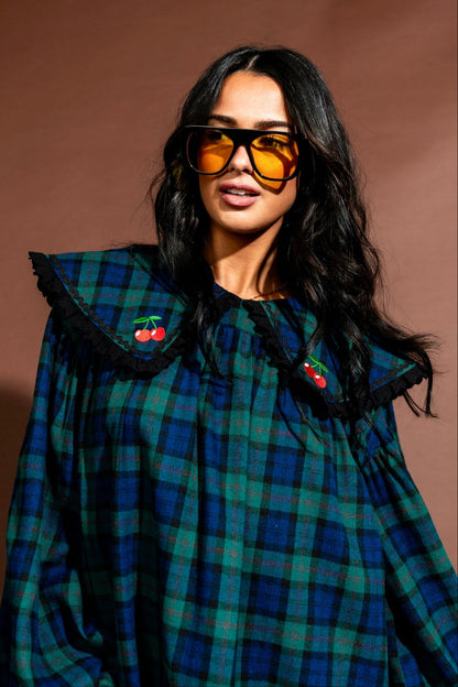 Magic Maker Maxi Dress in Grunge Girl Green Plaid + Cherries - Dressed in Lala