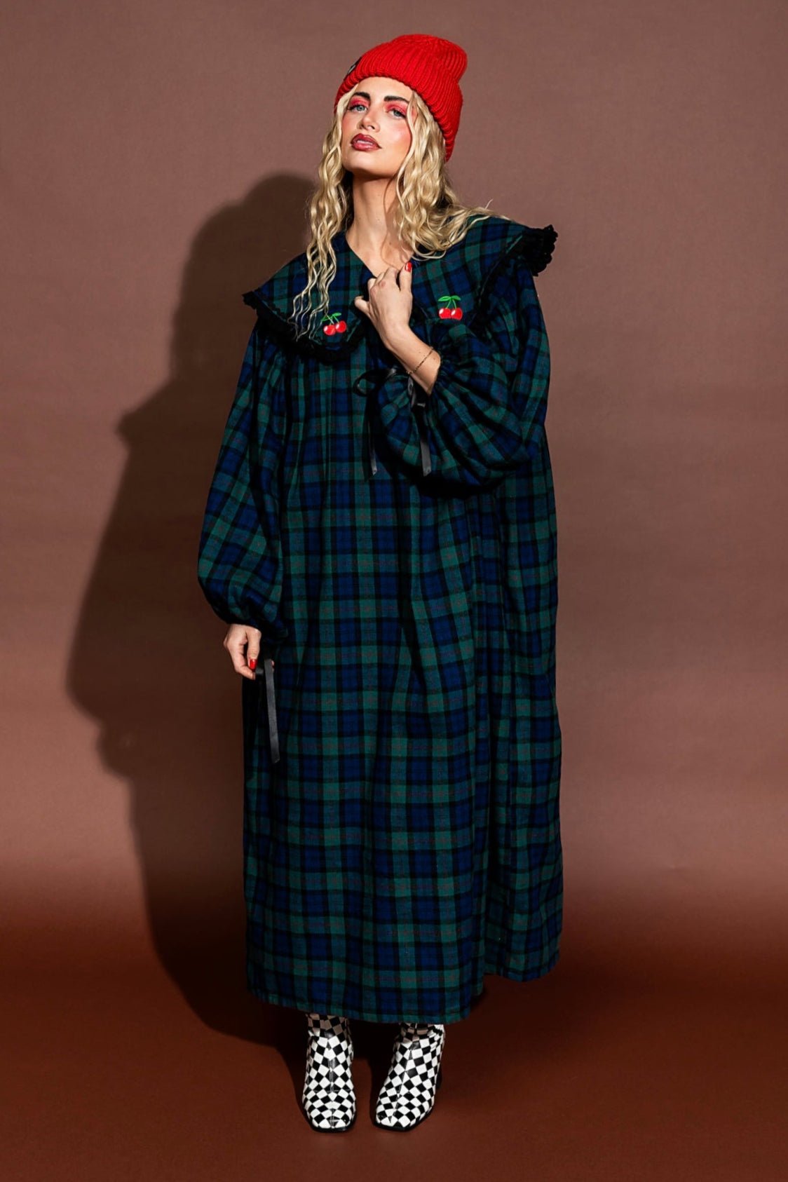 Magic Maker Maxi Dress in Grunge Girl Green Plaid + Cherries - Dressed in Lala