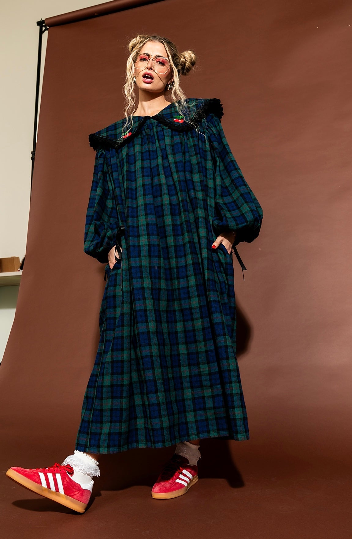 Magic Maker Maxi Dress in Grunge Girl Green Plaid + Cherries - Dressed in Lala