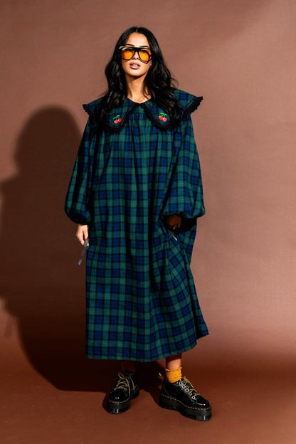 Magic Maker Maxi Dress in Grunge Girl Green Plaid + Cherries - Dressed in Lala