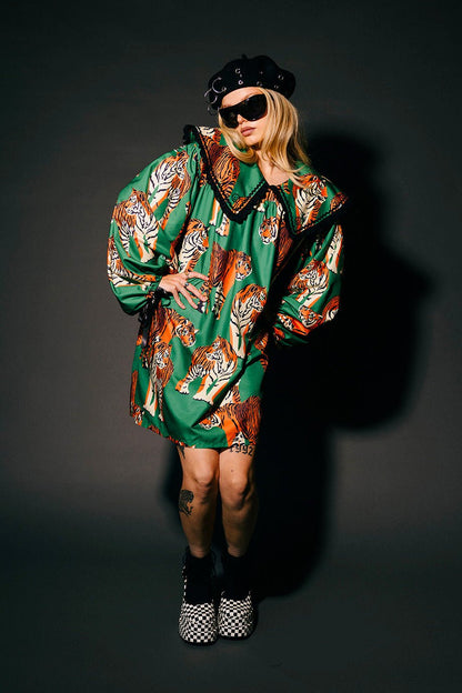 Magic Maker Mini Dress in Tiger Tales on Green - Dressed in Lala