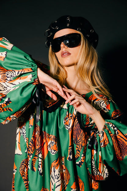 Magic Maker Mini Dress in Tiger Tales on Green - Dressed in Lala