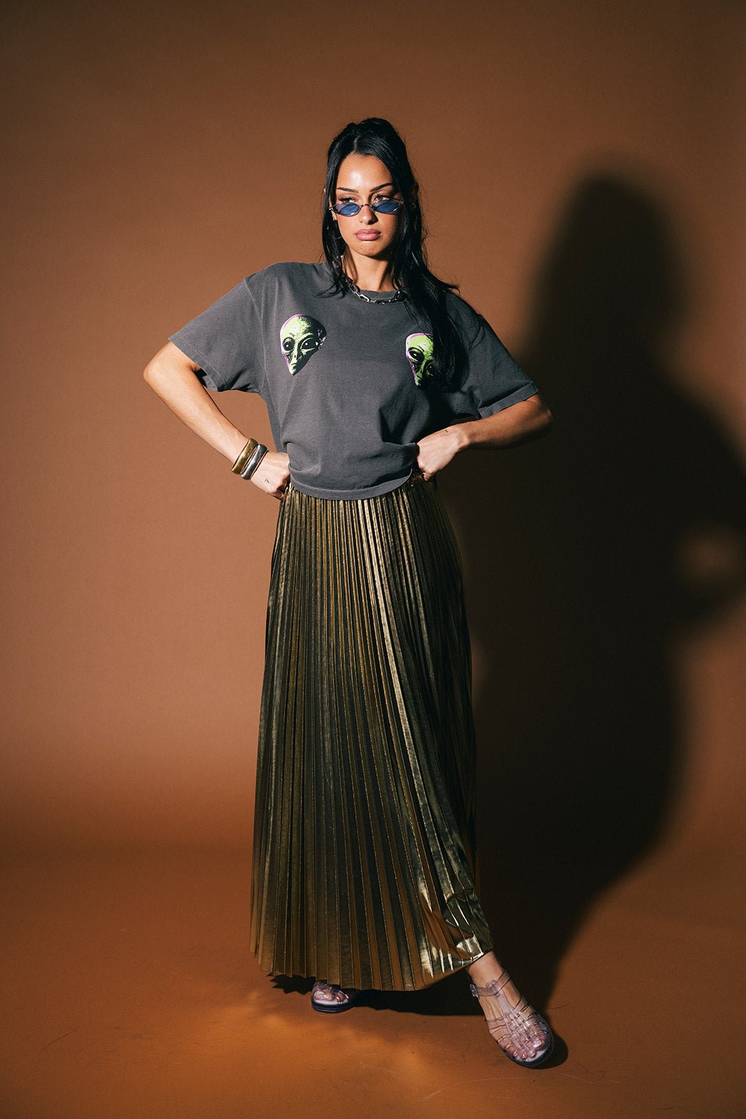 Metallic Pleated Midi Skirt in 24 Karat Gold Dressed in Lala Metallic Pleated Midi Skirt in 24 Karat Gold Dressed in Lala