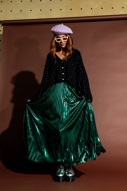 Metallic Pleated Midi Skirt in Emerald Green - Dressed in Lala