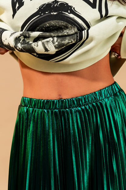 Metallic Pleated Midi Skirt in Emerald Green - Dressed in Lala