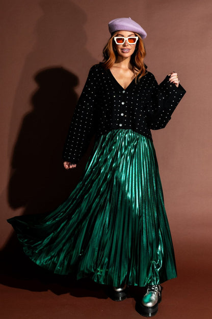 Metallic Pleated Midi Skirt in Emerald Green - Dressed in Lala