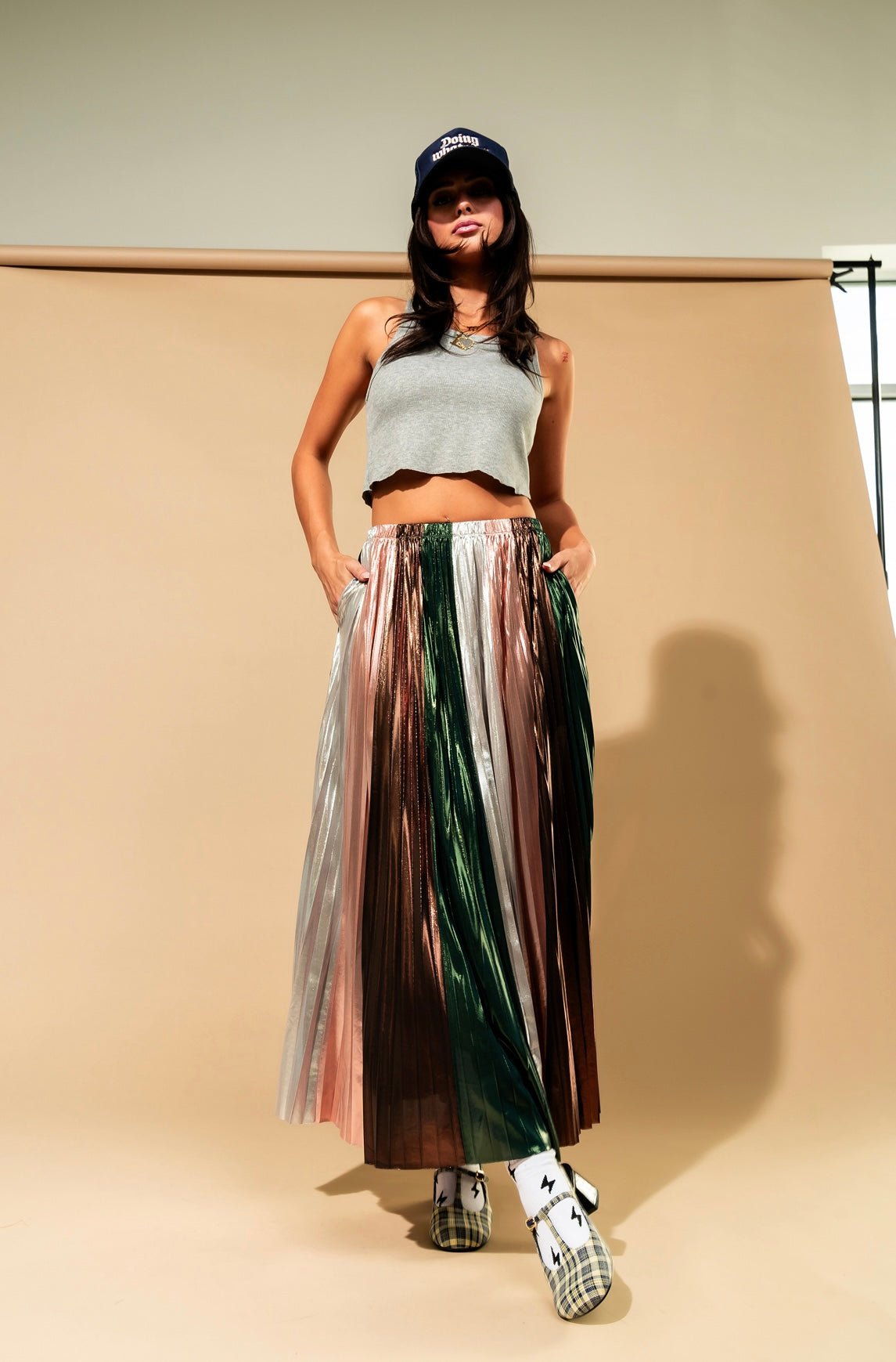 Metallic Pleated Midi Skirt in Ethereal Energy Panels - Dressed in Lala