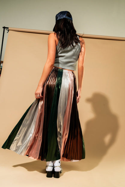 Metallic Pleated Midi Skirt in Ethereal Energy Panels - Dressed in Lala