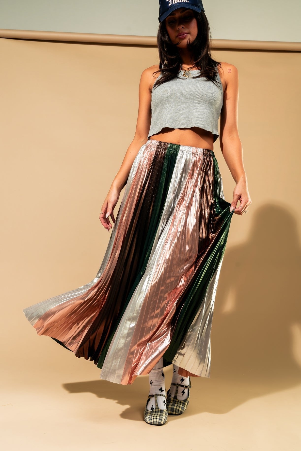 Metallic Pleated Midi Skirt in Ethereal Energy Panels - Dressed in Lala