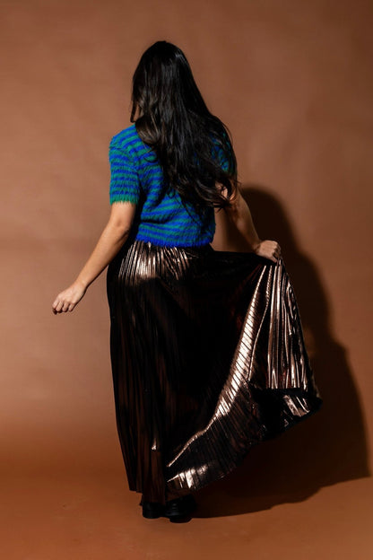 Metallic Pleated Midi Skirt in Mocha Mousse - Dressed in Lala