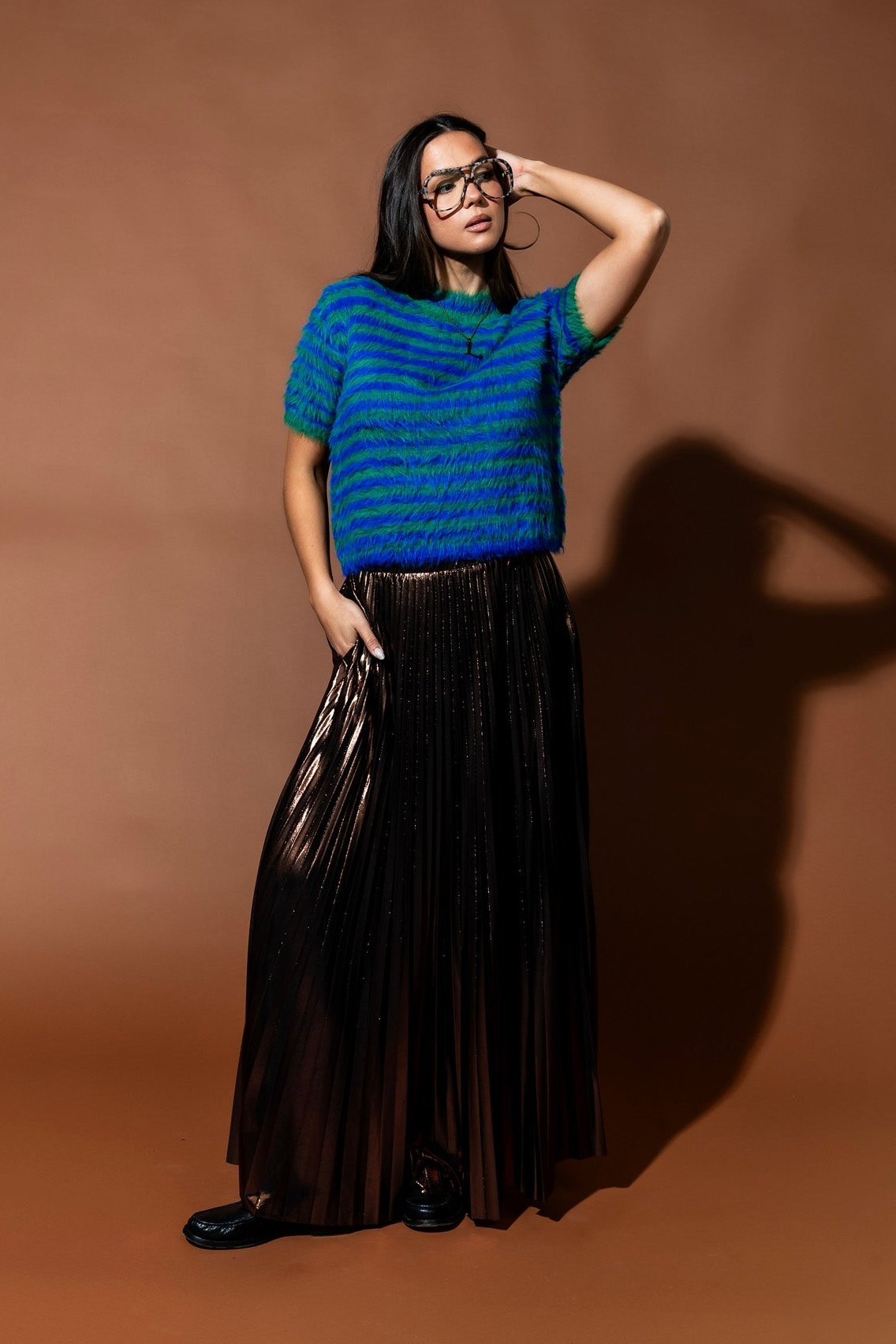 Metallic Pleated Midi Skirt in Mocha Mousse - Dressed in Lala