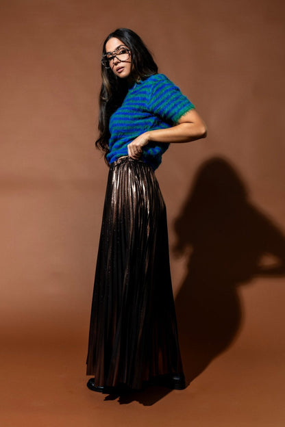 Metallic Pleated Midi Skirt in Mocha Mousse - Dressed in Lala