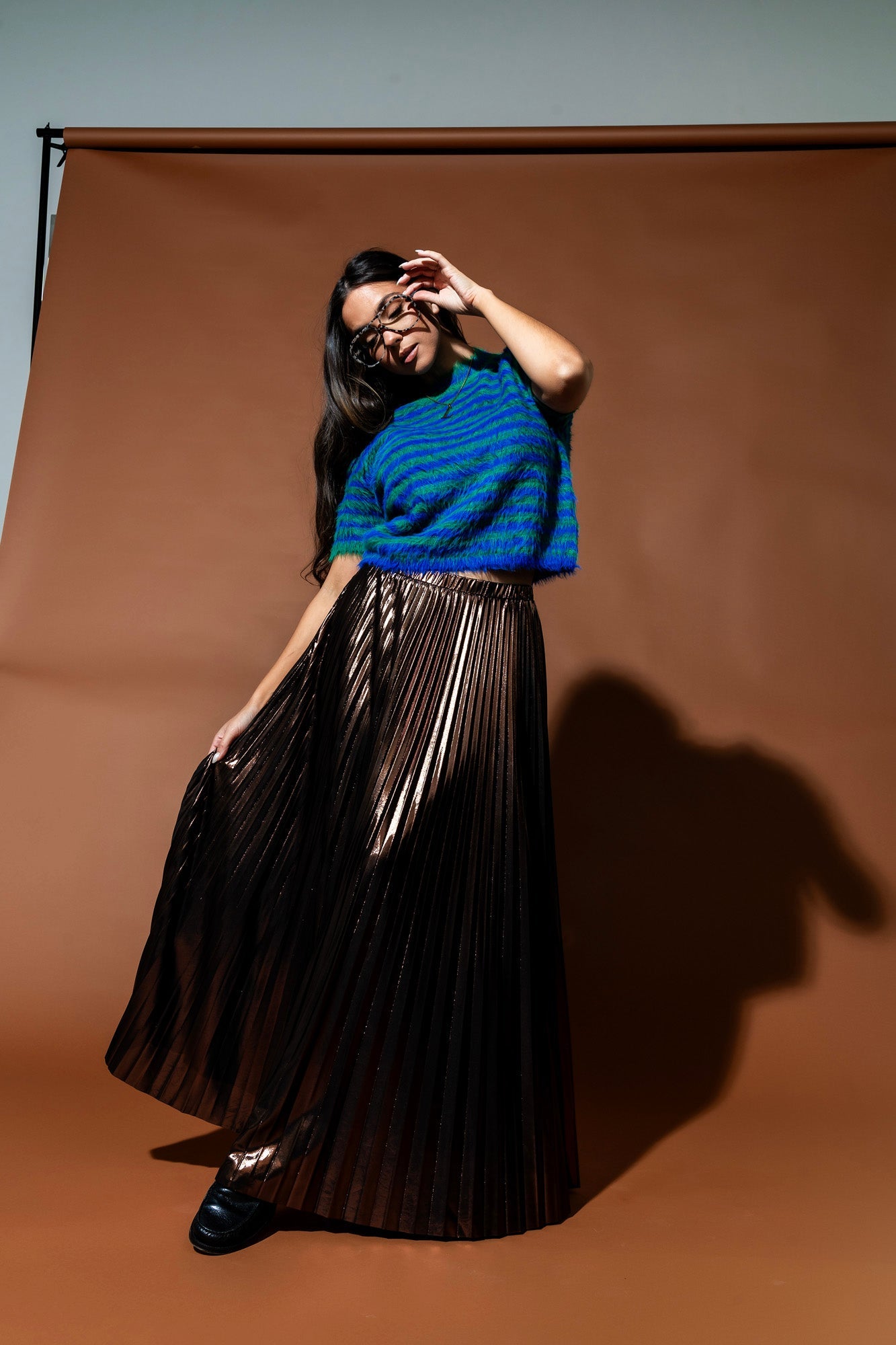 Metallic Pleated Midi Skirt in Mocha Mousse - Dressed in Lala