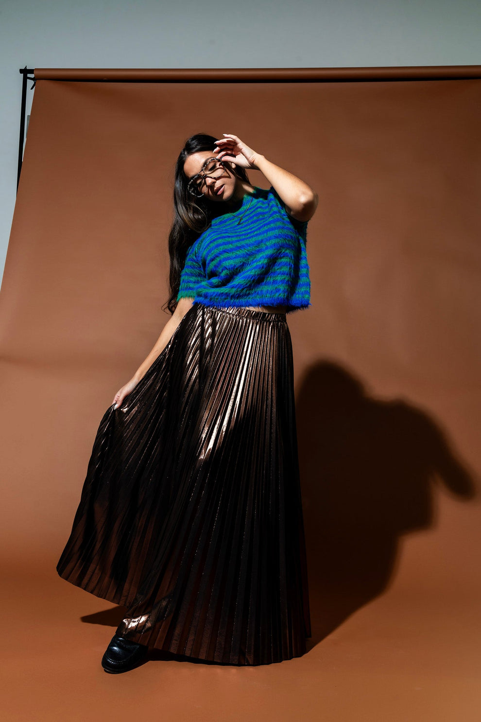 MESSY PLEATED CRACKLE MIDI SKIRT main image 1