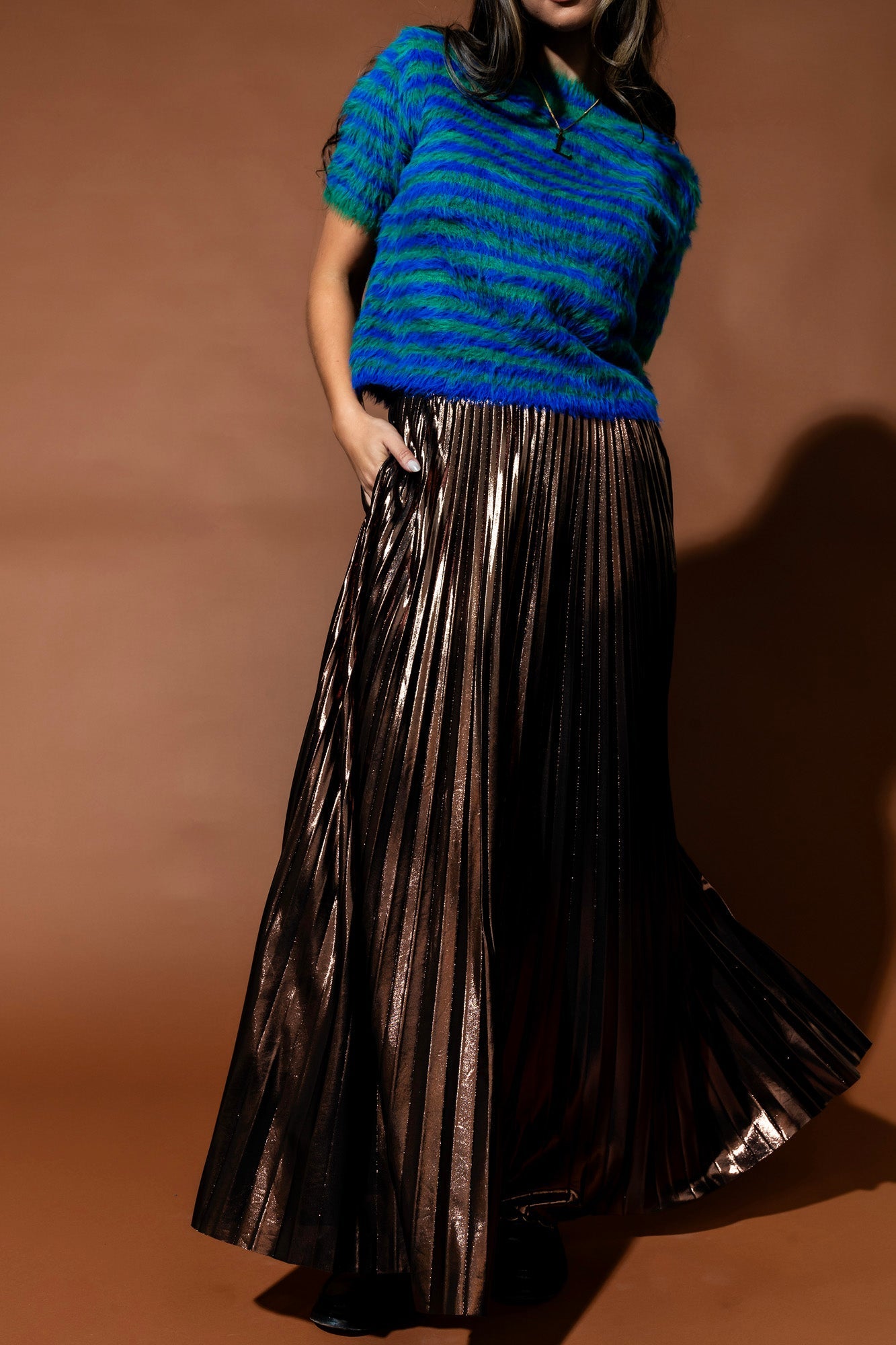 Metallic Pleated Midi Skirt in Mocha Mousse - Dressed in Lala