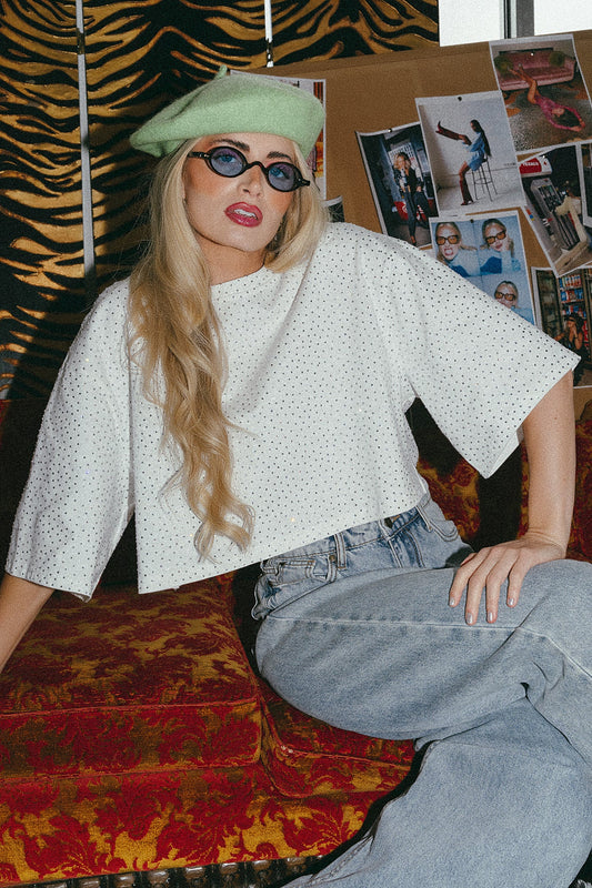 Mood Board Boxy Cropped Rhinestone Tee - Dressed in Lala
