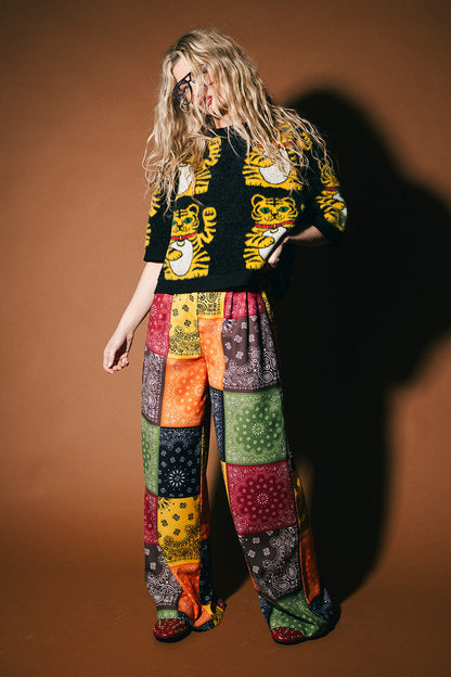 Person wearing a colorful, patterned outfit against a brown background