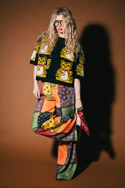 Person wearing a colorful outfit with a patterned shirt and patchwork skirt against a brown background