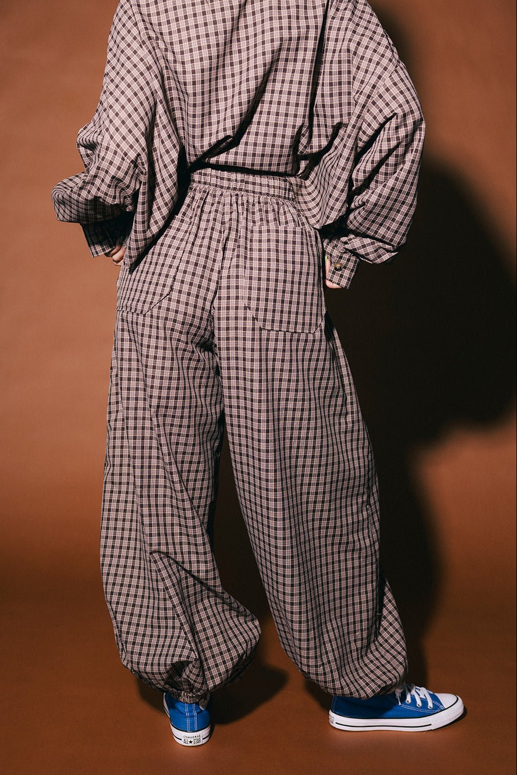 Past Lives Balloon Leg Boxer Pants in Brown Plaid - Dressed in Lala