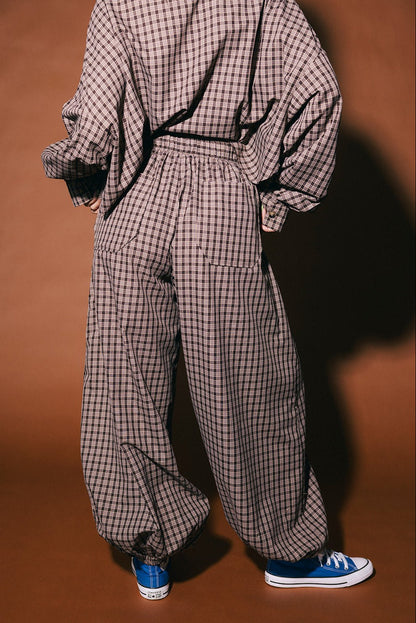 Past Lives Balloon Leg Boxer Pants in Brown Plaid - Dressed in Lala