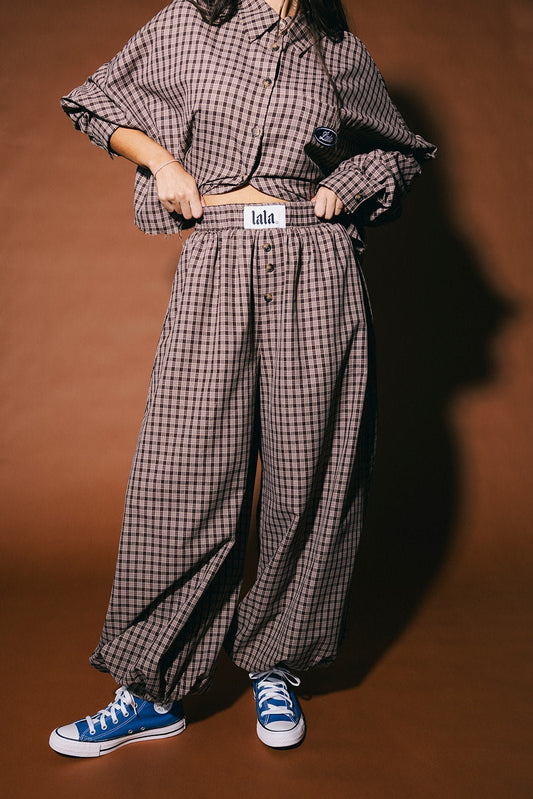 Past Lives Balloon Leg Boxer Pants in Brown Plaid - Dressed in Lala