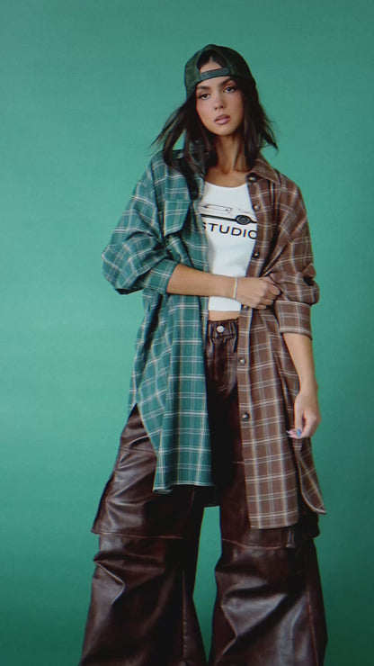 Zuri Oversized Grunge Half + Half Flannel in Cabin Fever