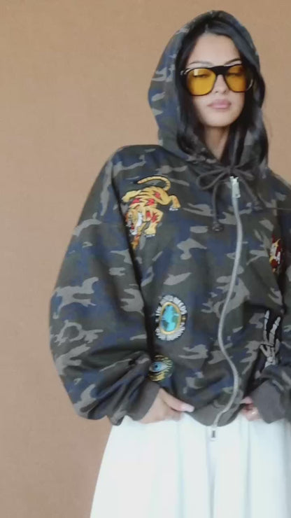Rebel Heart Camo Patched Zip Up Hoodie