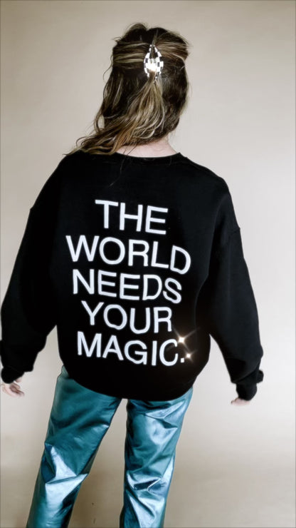 The World Needs Your Magic Puff Print Pullover in Black/White