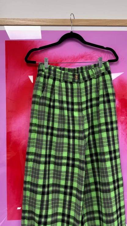 Rebel Road Plaid Wide Leg Trousers in Lime