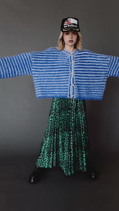 Double Trouble Striped Fuzzy Cardigan in Blue