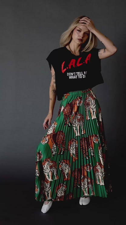 Untamable Pleated Midi Skirt in Tiger Tales on Green
