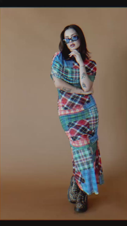 Girl From Mars Mesh Dress + Shawl in Mixed Plaids