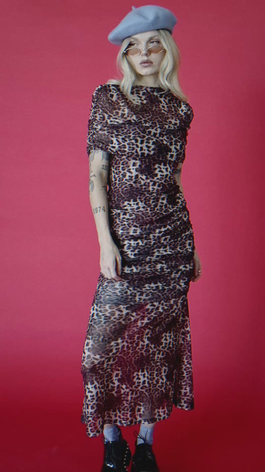Girl From Mars Mesh Dress + Shawl in Leopard