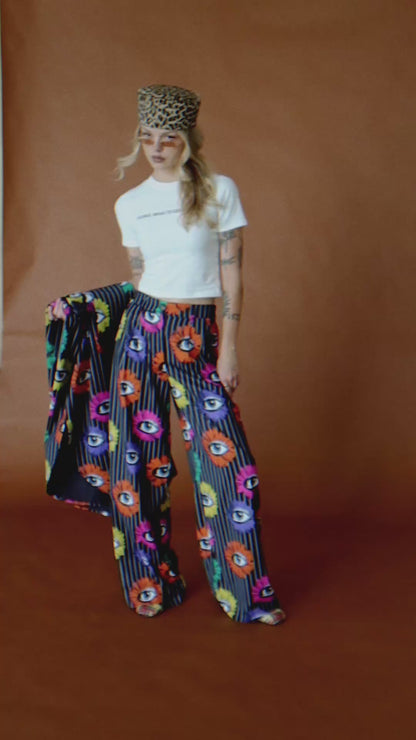 Whimsy Wonderland Black Pinstripe Wide Leg Satin Trousers