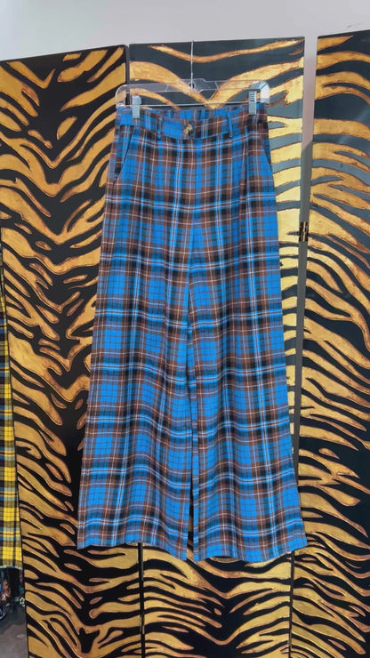 Rebel Road Plaid Wide Leg Trousers in Blue + Brown