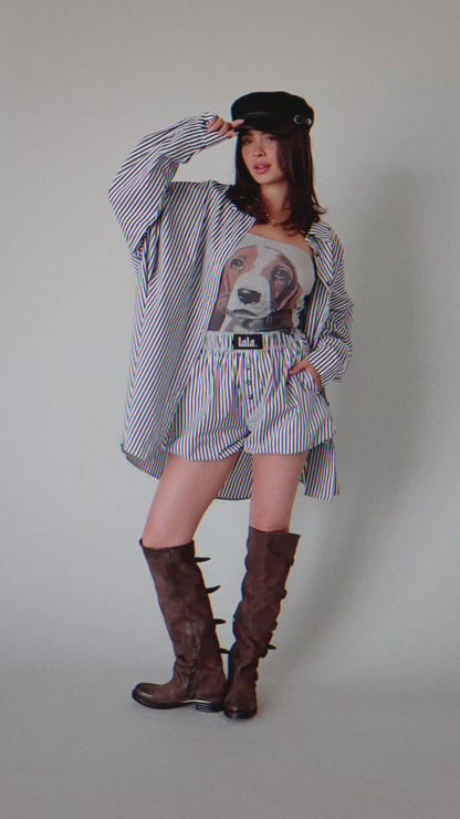 Soul Searching Ultra Oversized Button Up in Black Menswear Stripe