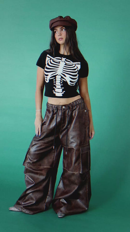You Don't Own Me Ultra Wide Leg Cargo Pants in Distressed Vegan Leather
